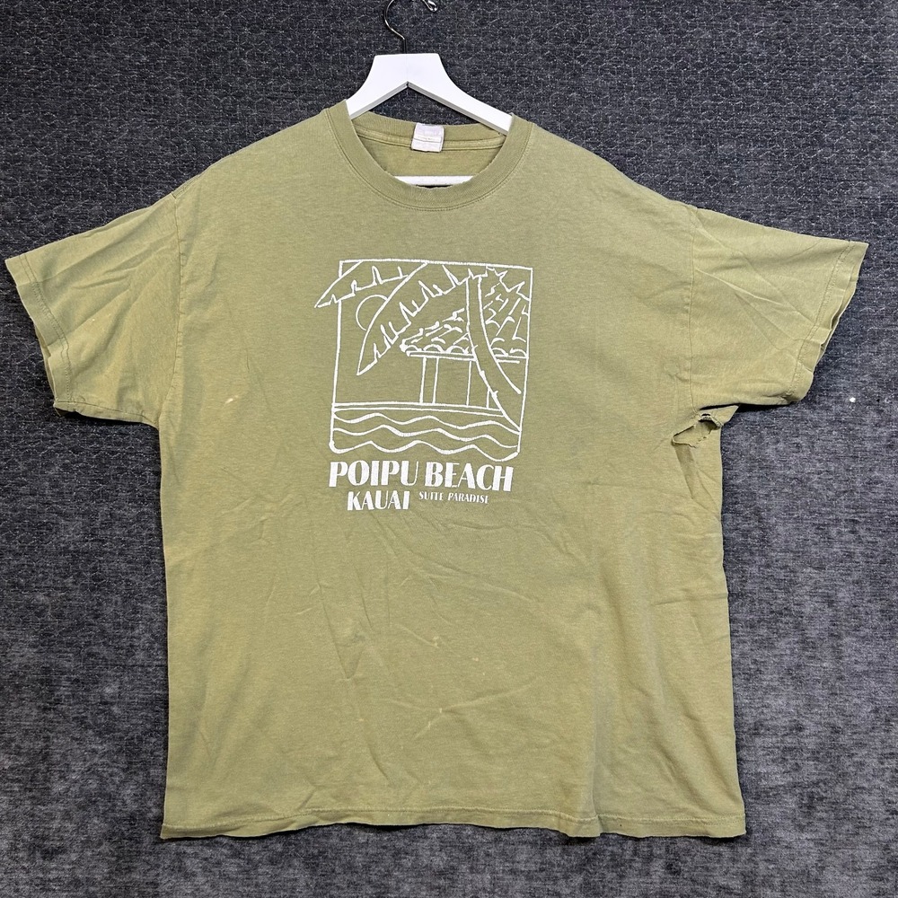 Vintage Hanes Poipu Beach Kauai T-Shirt Men's Olive Green Short Sleeve Classic